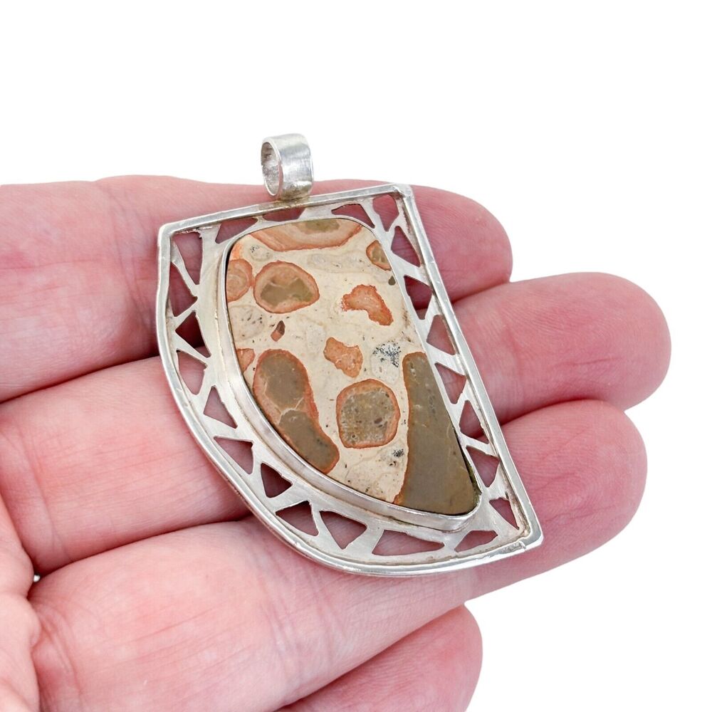 Vintage Sterling Silver 950 Openwork Frame Leopard Jasper Pendant